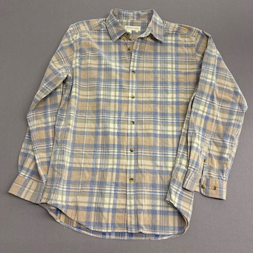 Territory Ahead Mens Large Corduroy Plaid Button Down Shirt Blue Tan Long Sleeve